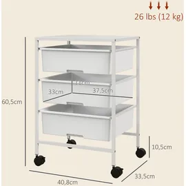 Homcom Rollwagen, Servierwagen mit 3 Etagen, Griffe, Aufbewahrungswagen für Küche, Wohnzimmer, 40,8 x 33,5 x 60,5 cm, Weiß