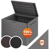 CASARIA Gartenbox 190L UV-beständig Griffmulden Verschlussvorrichtung Balkon Terrasse Wohnzimmer Wintergarten Box Kissenbox 78x44cm Holz-Optik Grau