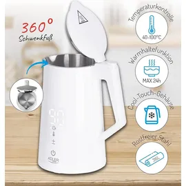 Adler Wasserkocher mit Temperatureinstellung (40-100°C) weiß, LED Touch Dispaly Digital, 2200W, 1,7 Liter 360° Basis - Weiß