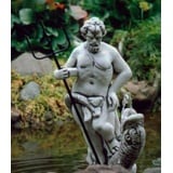 Casa Padrino Skulptur Jugendstil Wasserspeier Skulptur Neptun mit Fisch Grau / Schwarz 23 x 23 x H. 70 cm - Elegante Wasserspeier Stein Figur - Barock & Jugendstil Garten Deko Accessoires