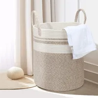 HDRNT Wäschekorb Geflochten aus Baumwolle,45L Wäschesammler mit Henkel,Geflochtener Wäschesortierer, Laundry Basket Aufbewahrungskorb für Wäschekammer Kinderzimmer Bad (35cm*40cm) (beige+weiß)