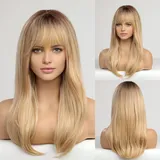 HAIRCUBE Lang Blonde Perücken für Frauen, Gerade Perücken mit Bangs, Synthetisches Geschichtetes Haar Perücke mit Dunklen Wurzeln