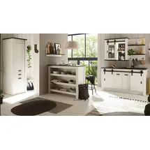 furn.design Küche mit Theke komplett Set in weiß Pinie und schwarz/anthrazit Küchenschrank 6 teilig komplette Küche im Industrial Design Stove (Set 1)