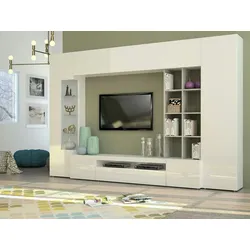 Dmora Wohnzimmermöbel Iago, TV-Ständer Wohnzimmer-Set, Mehrzweck-Wohnzimmermöbel, 100% Made in Italy, cm 290x40h192, glänzend weiß und Zement