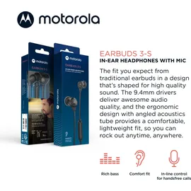 Motorola Sound Earbuds 3-S mit Mikrofon | Anti-Tangle-Kabel, tiefem Bass und ergonomischem Design mit bequemer Passform | 3,5 mm | Schwarz