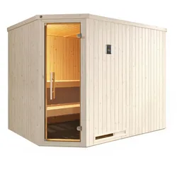 Sauna WEKA "Element-Ecksauna VARBERG 4", weiß, Saunaofen, externe Steuerung, 7,5 kW, Saunen, vorgefertigte Elemente, moderne Ganzglastür