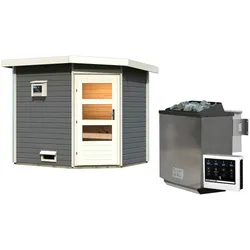Saunahaus KARIBU "Tore", grau (terragrau), Bio-Ofen, externe Steuerung, 9 kW, Saunen, moderne Tür, Ofen 9 kW Bio externer Steuerung