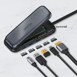 UNITEK Hub USB-C M.2 HDMI 2.0 PD 100W D1046A (USB-C, 6 Ports), Dockingstation + USB Hub, Grau