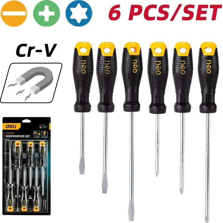 deli Schraubendreher-Set, 6-teilig, langlebiger Griff & unverzichtbare Bit-Typen für alltägliche Reparaturen im Haushalt