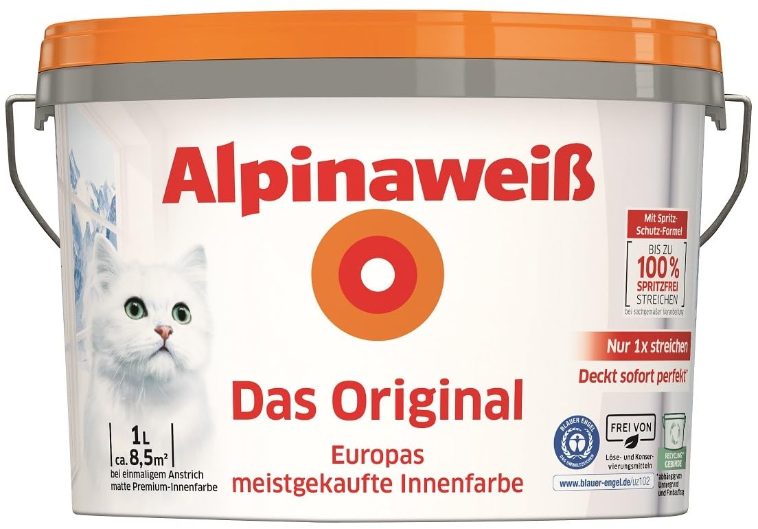 Alpinaweiß Das Original – optimal deckende und ergiebige weiße Wandfarbe – mit Spritz-Schutz-Formel – 1 Liter