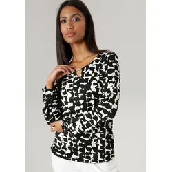 Langarmshirt, mit Allover-Druck, Zierstäbchen und Cut Out, Gr. 40, schwarz-offwhite, , 69087213-40