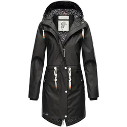 Regenjacke NAVAHOO "Tropical Stormoo", Damen, Gr. S (36), schwarz, Obermaterial: 70% Polyester, 30% Polyurethan, Innenfutter: 100% Polyester, Ärmelfutter: 100% Polyester, Wattierung: 100% Polyester, modisch, gerade ca. Mitte Oberschenkel, hoch geschlossener Ausschnitt, Langarm Ärmel ohne Ärmelschlitz Rippstrickbündchen, Jacken, Wasserdichter Damen Outdoor Regenmantel
