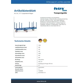 FETRA Langmaterial-Wagen 2111 - Tragkraft 1200kg Polyurethan-Reifen