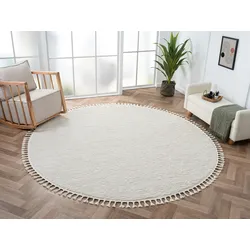 Hochflor-Teppich "Moroccan Pureness", weiß, H:24mm Ø:240cm, Polypropylen (PP), Polyester, MYFLAIR MÖBEL & ACCESSOIRES, Teppiche, moderner Teppich, Uni-Farben, weich durch Hochflor, mit Fransen