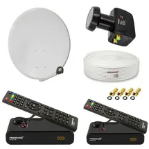 PremiumX Satelliten-Komplettanlage für 2 Teilnehmer 60cm Satellitenschüssel Twin LNB 25m Antennenkabel 2x TV Sat-Receiver FullHD