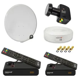 PremiumX Satelliten-Komplettanlage für 2 Teilnehmer 60cm Satellitenschüssel Twin LNB 25m Antennenkabel 2x TV Sat-Receiver FullHD