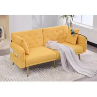 LVHOM 2-Sitzer Klappsofa mit Schlaffunktion, 2 passenden Kissen, Chenille-Stoff, 3-fach verstellbare Rückenlehne und Armlehne, zwei USB-Anschlüsse, Handyhalter, Seitentasche, Metallbeinen, Gästebett für Wohnzimmer/Schlafzimmer/Arbeitszimmer/Apartment/Hotel gelb