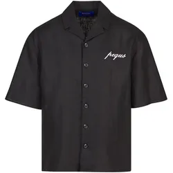 Langarmhemd PEQUS "PEQUS PEQUS Chest Logo Linen Shirt", Herren, Gr. L, US-Größen, schwarz, 100% Leinen, normal, Hemden
