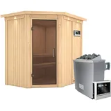 Woodfeeling Karibu Sauna-Set Cleo inkl. Ofen 9 kW mit ext. Steuerung, Dachkranz, Tür Graphit