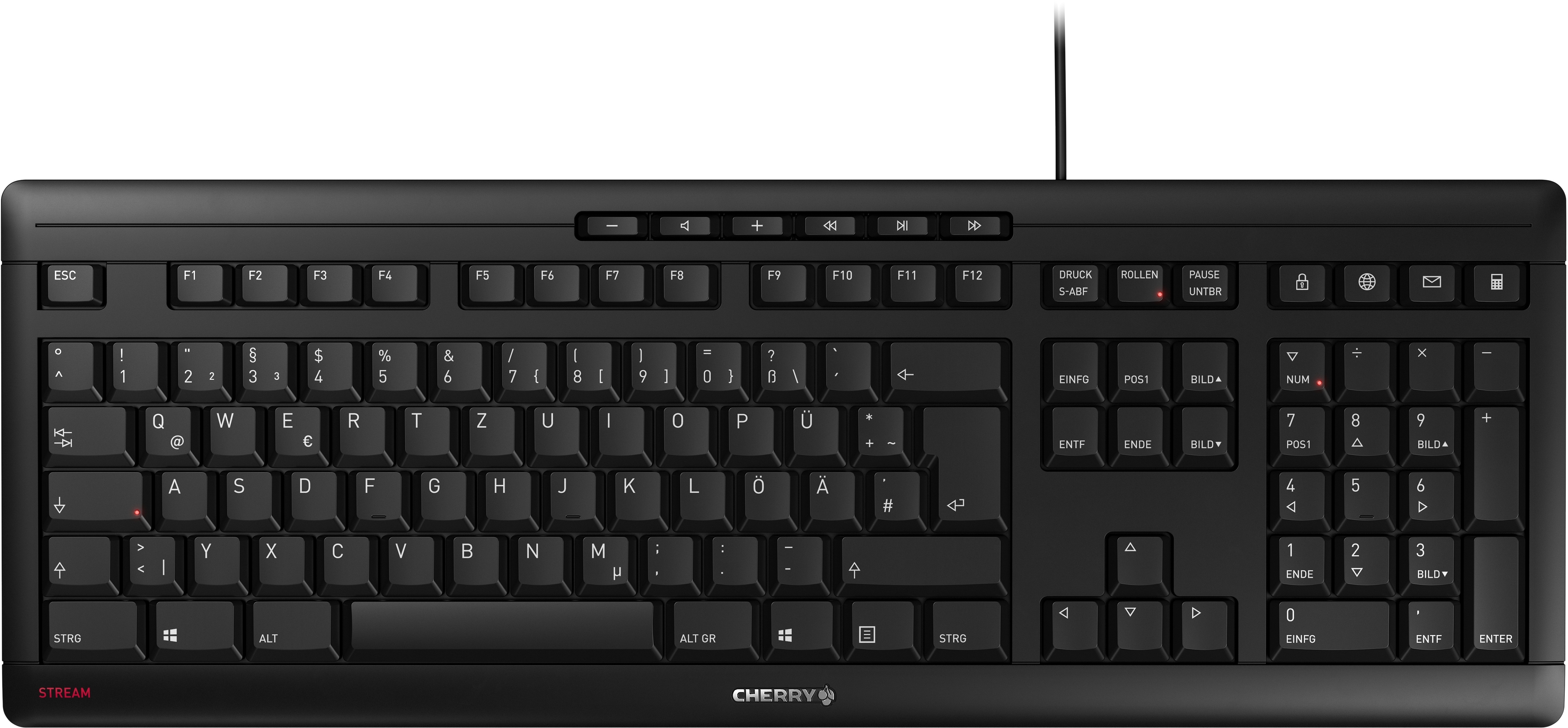 CHERRY STREAM KEYBOARD Tastatur schwarz, kabelgebunden, Flüsteranschlag, Laserbeschriftung