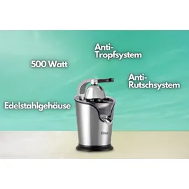 Zilan Elektrische Zitruspresse | Entsafter | Edelstahl | Elektrische Saftpresse | Longlife-Motor | 500 Watt | Auto-Start-Stop | Edelstahlsieb | 2 S... - Silber/Schwarz