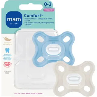 MAM Comfort Schnuller | 0-3 Monate | Schnuller für Frühgeborene und Neugeborene | stillfreundlicher Babyschnuller | besonders klein & leicht | extra sanft | 100% Silikon | blau/beige | 2 Stück
