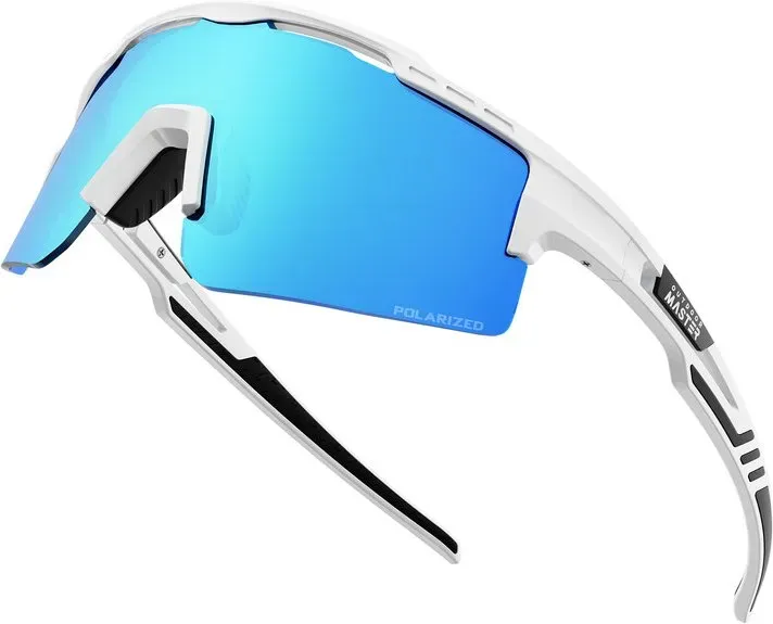 OutdoorMaster Hawk II polarisierte Sport-Radbrille, weißes Gestell, Revo blaue Gläser