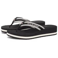 Zehentrenner TOMMY HILFIGER "TH FLAG PRINT SUMMER SANDAL", Damen, Gr. 35, schwarz-weiß (schwarz), Textil, Schuhe Zehentrenner, Keilabsatz, Plateau, Sommerschuh, Dianette mit gestreifter Bandage