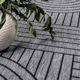 Carpet City Outdoor Teppich Wetterfest 160 cm Rund - Grau-Anthrazit - Wendeteppich, Beidseitiges Geometrisches Muster - Balkonteppich Wasserfest Outdoor - Terrassenteppich