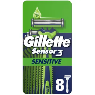 Gillette Sensor3 Sensitive, Einwegrasierer für Männer mit Gleitstreifen Und ein Hauch von Aloe Vera, 8 Rasierer Herren — Grün/Blau