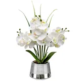 40CM Orchidee künstlich Weiss, Orchidee im Topf Silber, Kunst orchideen, Faux Orchidee Pflanze mit 14 Blüten, künstliche Orchidee Bonsai für Hochzeits deko Wohnzimmer Büro Schlafzimmer zimmerpflanzen