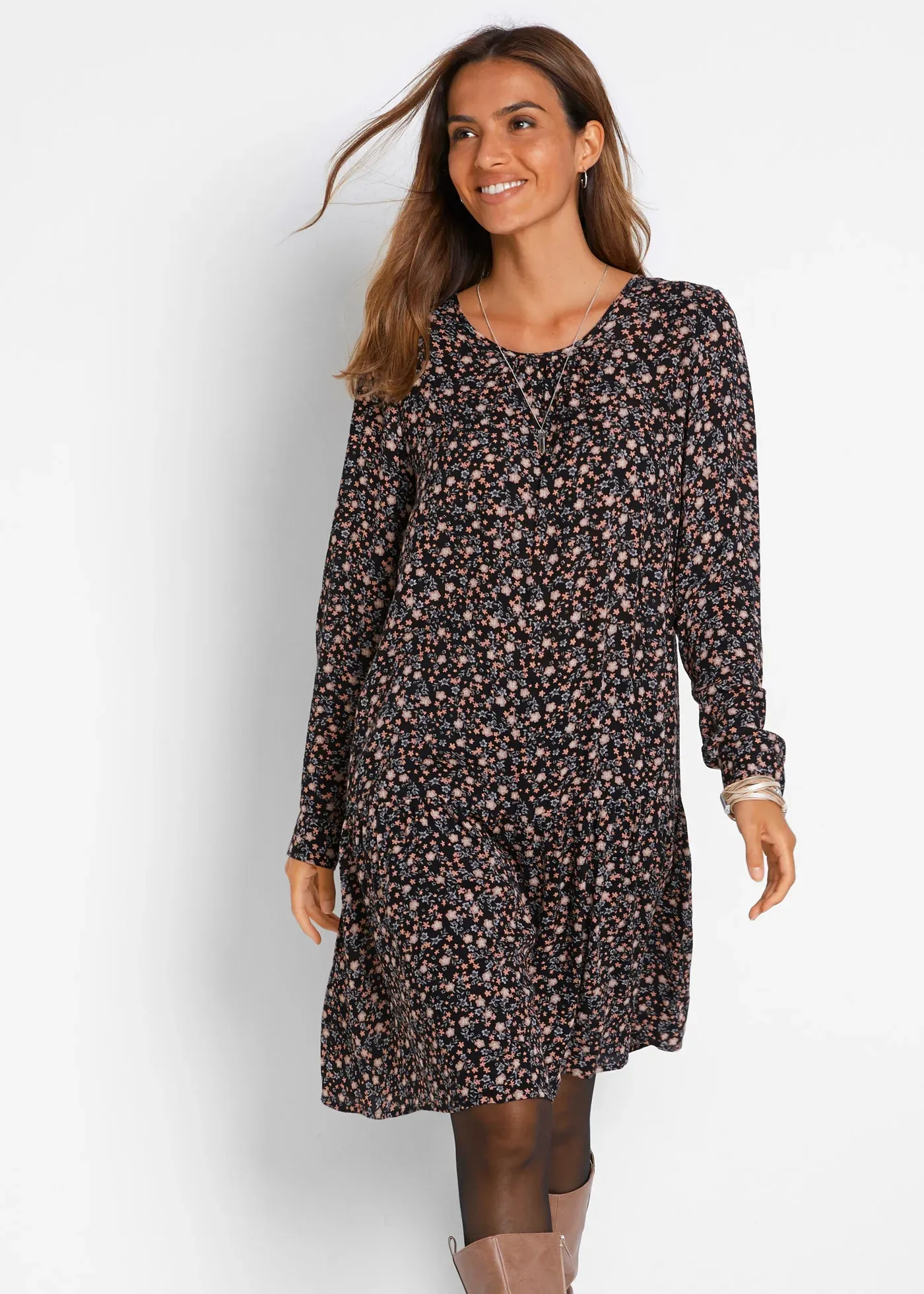 Minikleid BONPRIX, Damen, Gr. 40, N-Gr, schwarz (schwarz geblümt), Web, Obermaterial: 100% Viskose, bedruckt, regular fit knielang, U-Boot-Ausschnitt, elastischer Bund, Kleider Minikleid, mit floralem All-Over Print, aus Viskose, Regular Fit, ohne Kragen