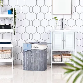 Homcom Wäschekorb mit Deckel Segeltuchsack Segeltuch, + Bambus Grau