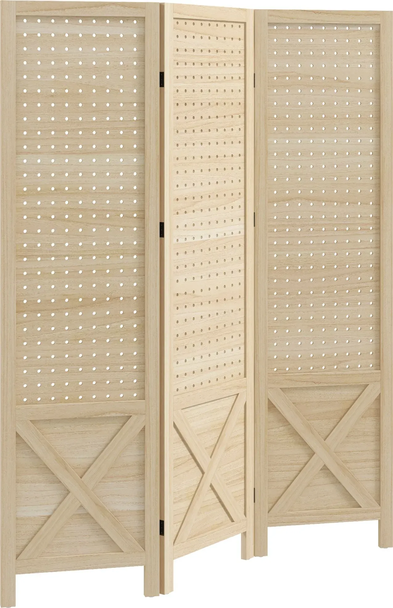 HOMCOM Innenparavent aus Holz, 3 Paneele, 114 x 144,5 cm, gelochtes Paneel, faltbarer Raumteiler, gelochtes Paneel für Wohnzimmer, Schlafzimmer, Zuhause, Naturholz   Aosom