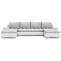 Mebligo - Ecksofa mit Schlaffunktion und Bettkasten Tokio III, Eckcouch aus Kunstleder, Sofa U Form 302x159x89 cm, Couch Wohnzimmer, Ecke Sofa Wohnlandschaft, Schlafsofa Hellgrau/Kunstleder Weiß