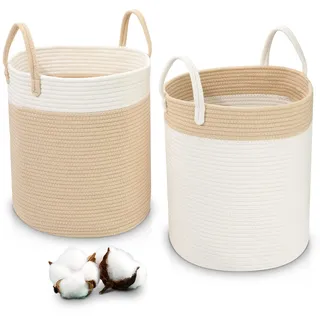 LA BONHEUR Wäschekorb Groß 2 Stücke Laundry Baskets Geflochten Faltbar,mit Griff Handarbeit Wäsche Wäschesammler Aufbewahrung Spielzeug Kinder Aufbewahrungskorb Waschküche, Kinderzimmer,(35cm*40cm)