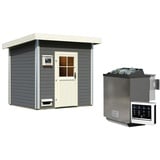 Woodfeeling Karibu Gartensauna Pultdach Saunahaus Norge terragrau Klassische Saunatür (Klarglas) 9 kW Bio-Kombiofen inkl. Steuergerät inkl. 8-teiligem gratis Zubehörpaket (Gesamtwert 191,92€)