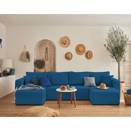 best mobilier Topaze - 7-Sitzer wohnlandschaft U-form - schlaffunktion und Bettkasten - Cord Schieferblau