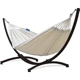 Potenza Outdoor Hängematte mit Gestell für 2 Personen I Baumwolle Doppelhängematte XXL 220x160, 200kg I Hängemattengestell 220kg, wetterfest (Ecru, Gestell Braun)