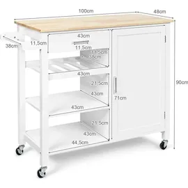 Costway Küchenwagen auf Rollen, mit Schublade, Weinregal, offene Regale - Weiß