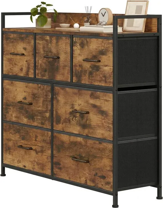 Ochama Kommode mit 7 Stoffschubladen und Griffen –98x28.5x85cm Rustikalbrown & Tintenschwarz, Metallgestell – geräumiger Schlafzimmerschrank für Kleidung und Wäsche