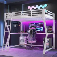 Hochbett mit Schreibtisch und LED-Beleuchtung, 90x200 cm, Kinderbett mit Rausfallschutz, Metallbett - Weiß