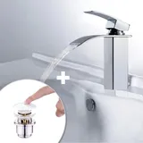 Wasserhahn Bad wasserfall Armatur aus Messing+Universal Ablaufgarnitur Weiß Pop-Up Ventil 1 1/4 Zoll Waschtischarmatur Einhandmischer Waschbecken