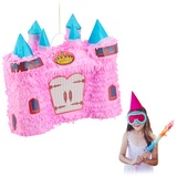 Relaxdays 2 x Pinata Schloss, märchenhafte Kinderpinata zum Befüllen, Piñata Geburtstag Mädchen, Schlagpinata Prinzessin, rosa