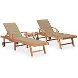 vidaXL Sonnenliegen 2 Stk. mit Tisch und Auflagen Massivholz Teak Kissenfarbe Beige