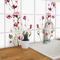 selbstklebende Fliesenaufkleber Möbelfolie modern 15x15cm Rote Blumen Klebefolie 12er Set
