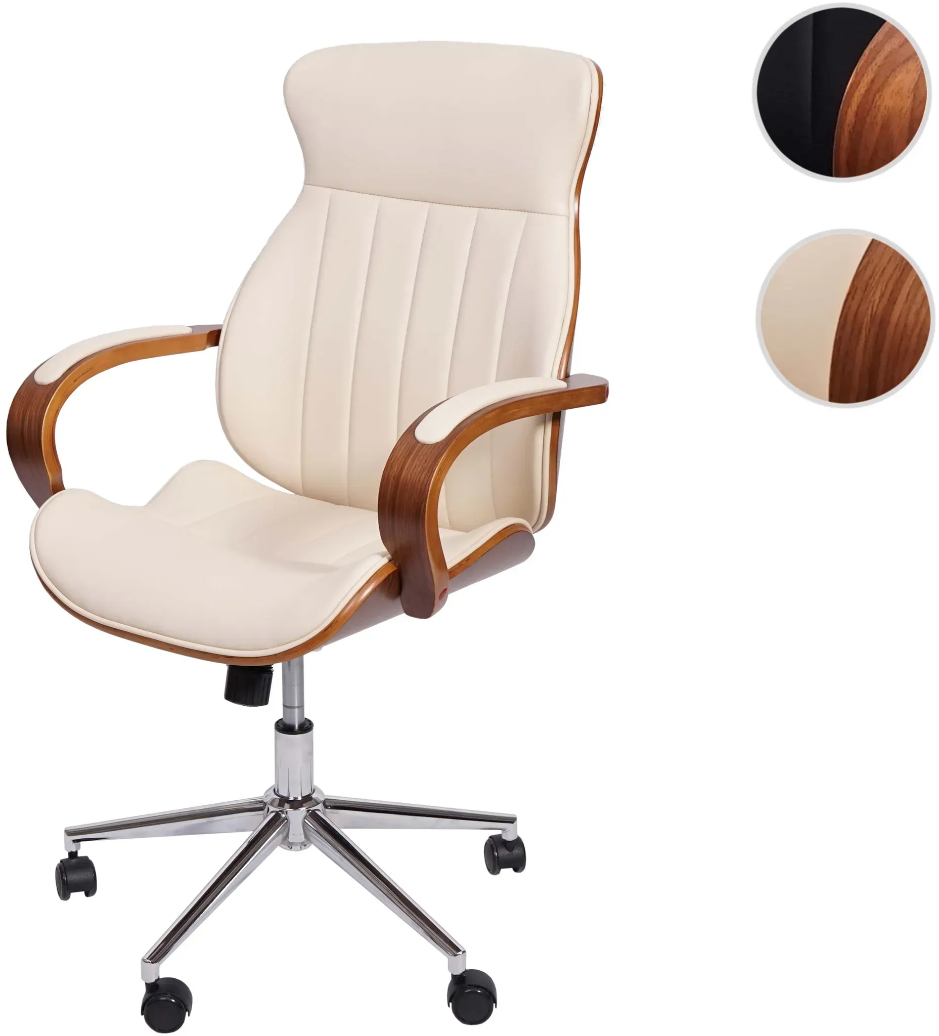 Bürostuhl HWC-H39, Schreibtischstuhl Drehstuhl Chefsessel, Bugholz Walnuss-Optik Kunstleder FSC®-zertifiziert ~ creme