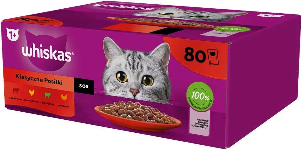 WHISKAS Adult Sachets 80 x 85 g Classic Meals - Nassfutter für ausgewachsene Katzen, in Sauce (Schnitte mit: Rind, Huhn, Lamm, Geflügel)