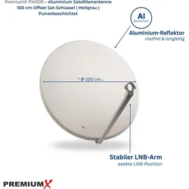 PremiumX PXA100 Satellitenschüssel 100cm Aluminium Hellgrau Satellitenantenne SAT Spiegel mit LNB-Tragarm und Masthalterung