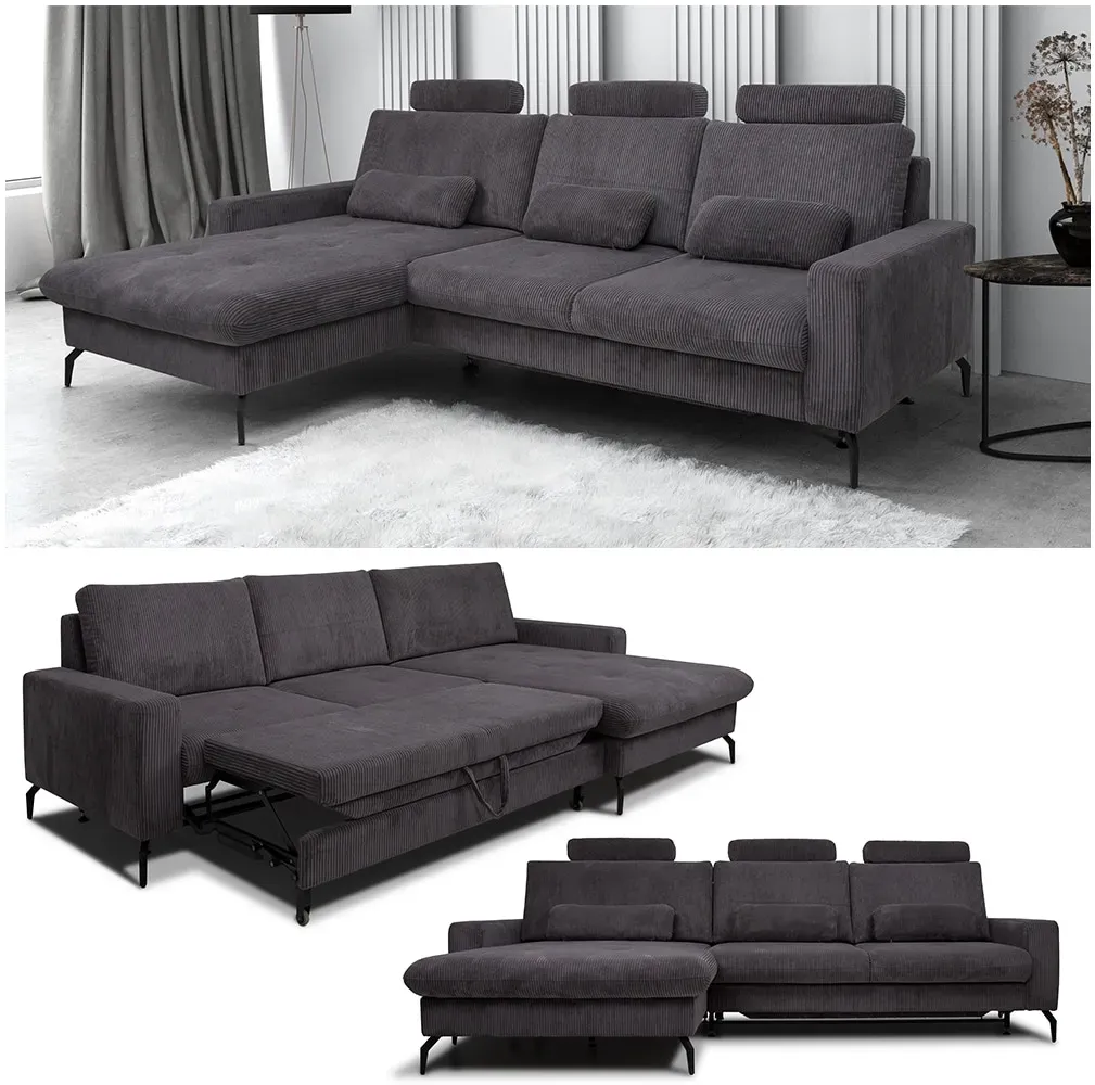 VitaliSpa Wohnlandschaft mit Schlaffunktion Anthrazit, Schlafsofa mit Bettkasten